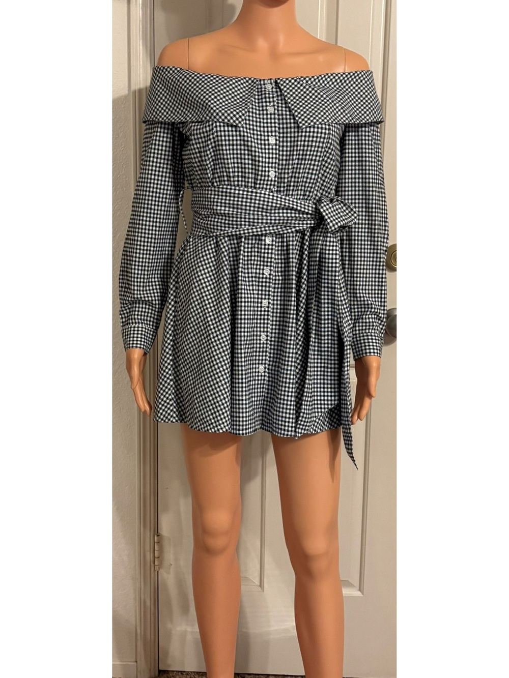 L'Academie Black and White Gingham Off-Shoulder Mini Dress - Only Worn Once